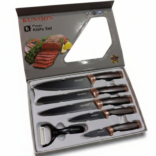 Kunsion 6 piece stainless steel kitchen knife set displayed in premium gift box packaging