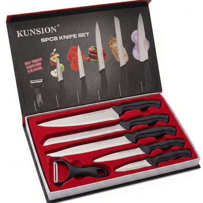 KUNSION 6-piece silver knife set with ergonomic black handles in a red velvet packaging box