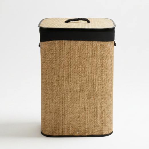 Front view of a rectangular woven dark brown laundry basket with lid on tile floor