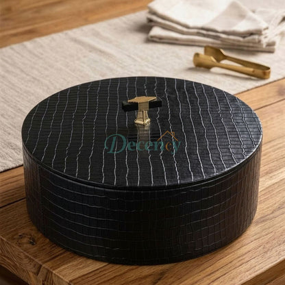 Side perspective highlighting the durable handle and craftsmanship of the leather chapati basket.