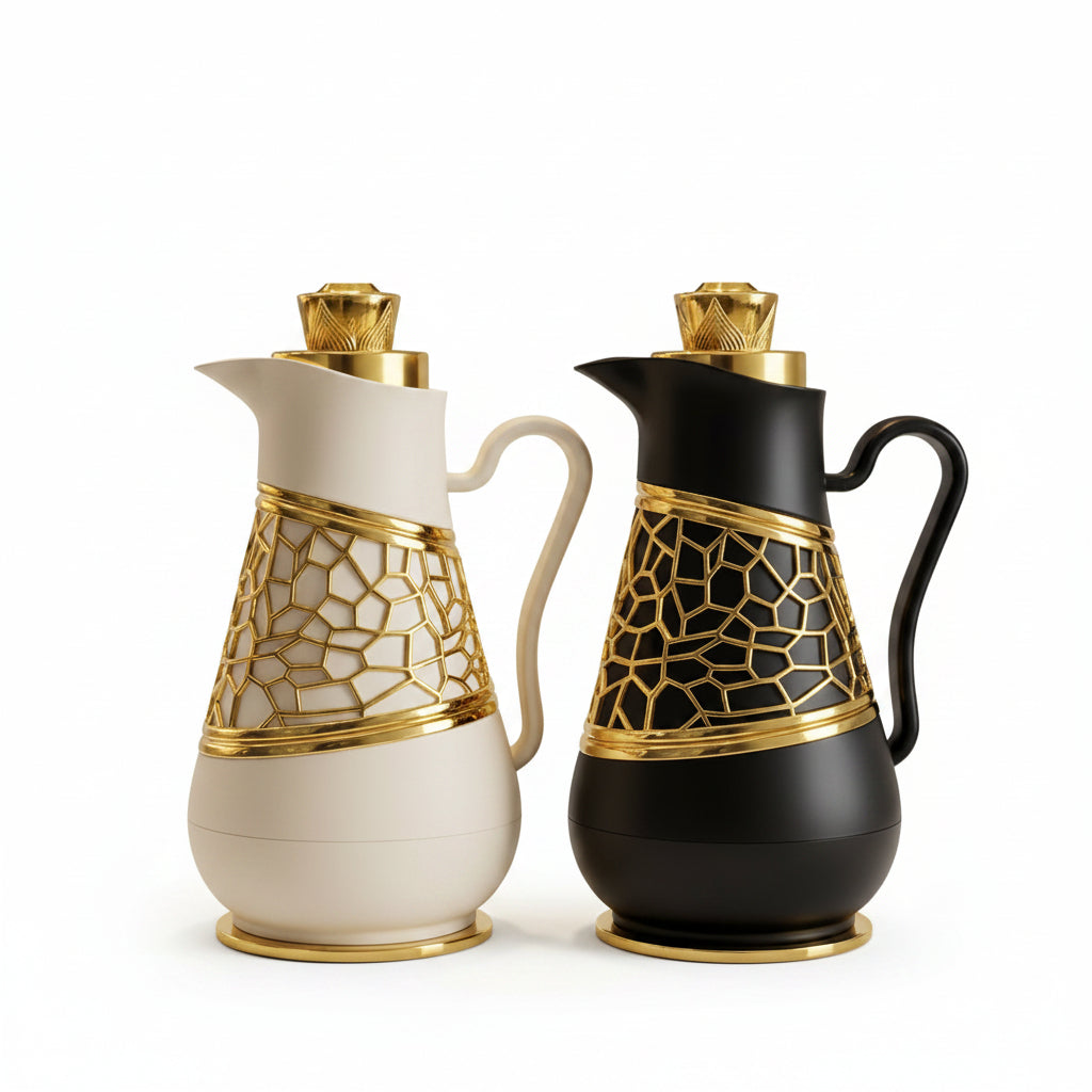 Little Ding 1 Litre vacuum flasks in matte white and black with luxury gold geometric patterns