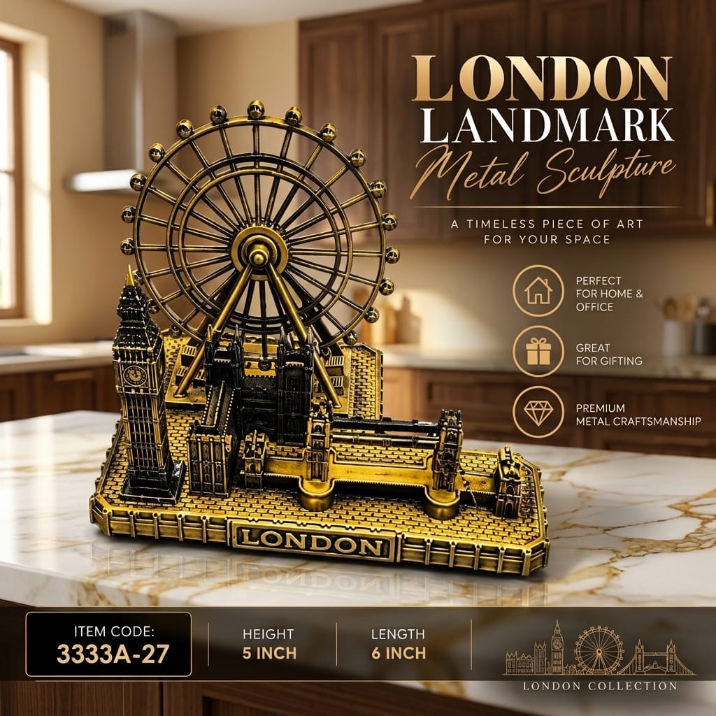 Antique gold London landmark metal sculpture featuring Big Ben and London Eye for table decor.