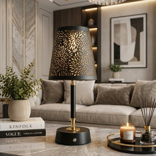 Luna floral cutwork LED table lamp in black and gold placed on a marble coffee table