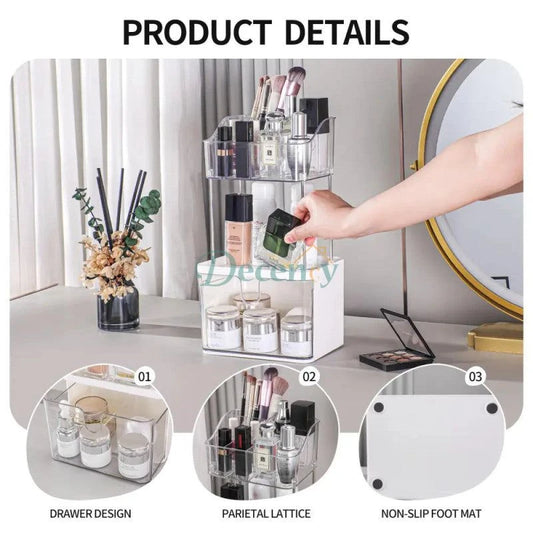 Luxury 2-Tier Acrylic Makeup & Skincare Organizer with Drawer – Space-Saving Cosmetic Storage