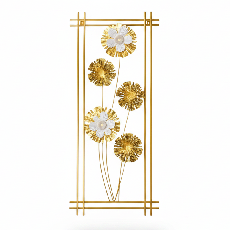 Luxury 3D iron wall art decor mounted on a modern living room wall.