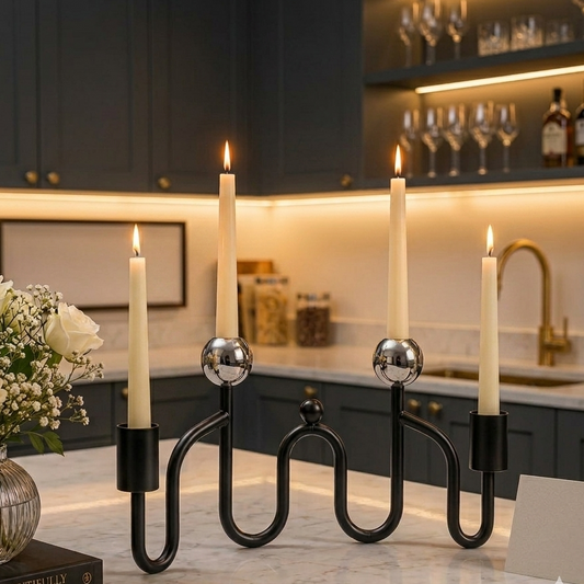 Luxury 4-arm black and silver metal candle holder centerpiece for elegant dining table decor.