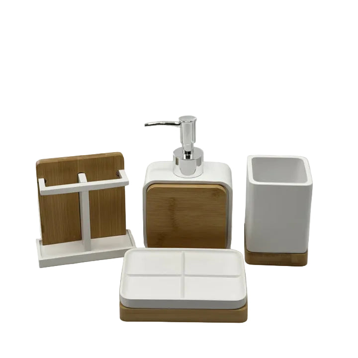 Premium 4-piece bamboo and matte black bathroom accessories set styled on a modern marble vanity.