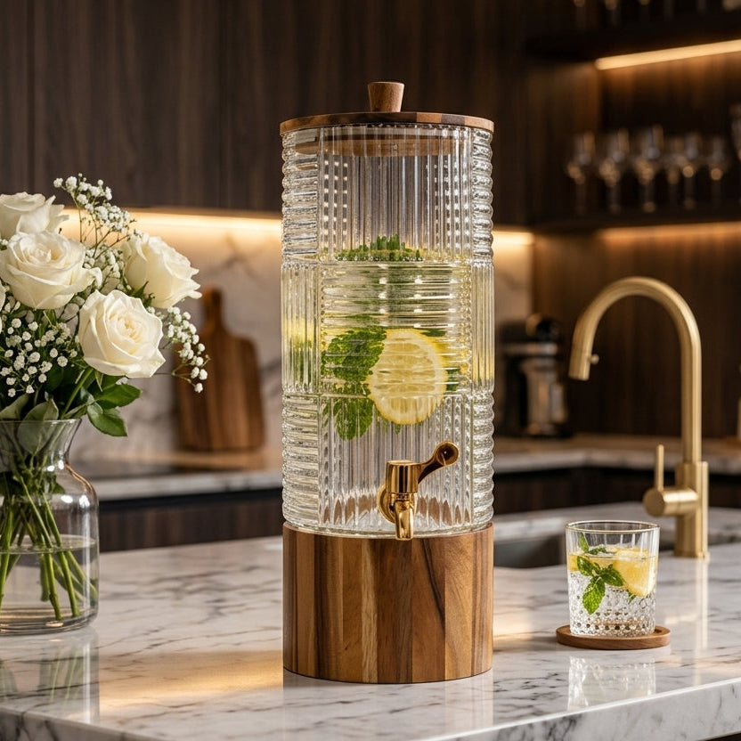 Luxury 4L ribbed glass beverage dispenser placed on a wooden stand in a modern kitchen setup
