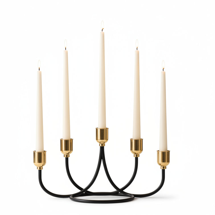 Luxury 5-arm metal candle holder stand displayed as a dining table centerpiece