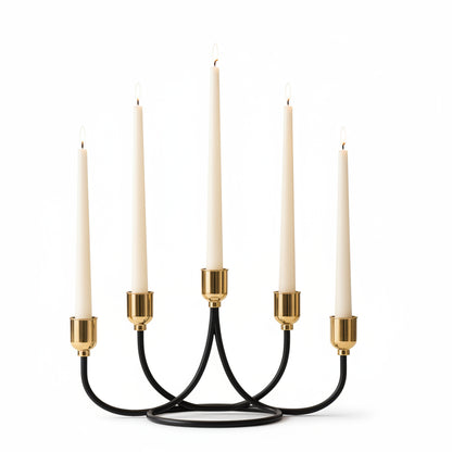 Luxury 5-arm metal candle holder stand displayed as a dining table centerpiece