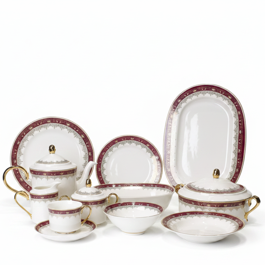 1-piece luxury white bone china dinner set with elegant silver geometric patterns and gold handles displayed on a white table as shown in 5.3