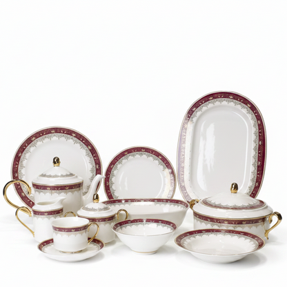 1-piece luxury white bone china dinner set with elegant silver geometric patterns and gold handles displayed on a white table as shown in 5.3