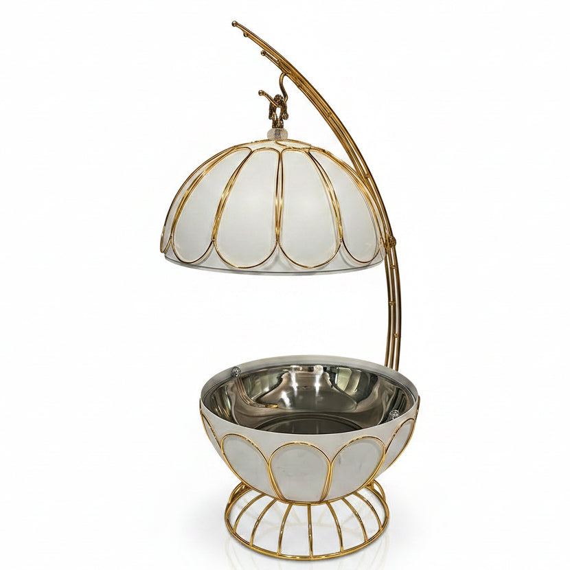 Luxury 8L white and gold food warmer hot pot with dome lid placed on a marble kitchen island