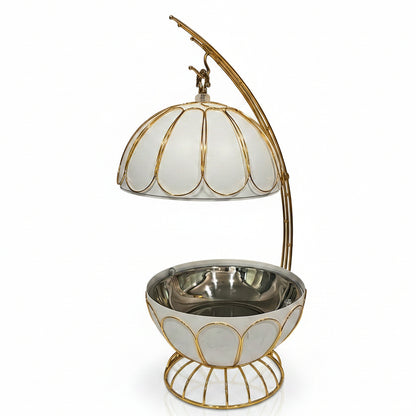 Luxury 8L white and gold food warmer hot pot with dome lid placed on a marble kitchen island