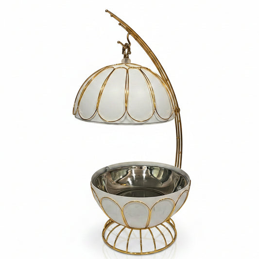 Luxury 8L white and gold food warmer hot pot with dome lid placed on a marble kitchen island