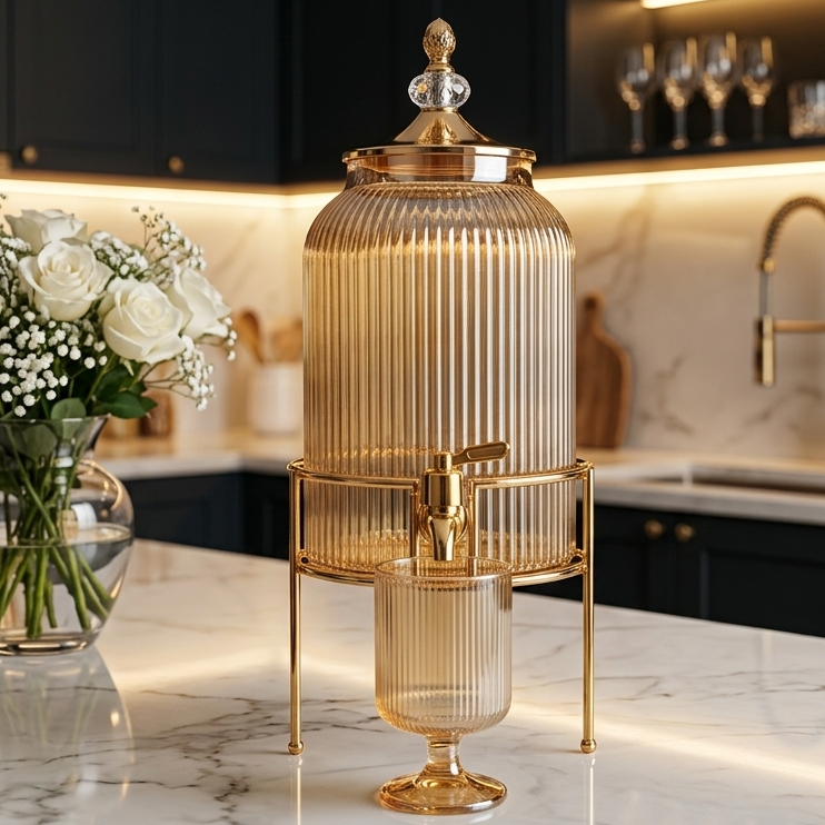 Amber ribbed glass beverage dispenser mounted on a gold metal stand on a marble countertop.