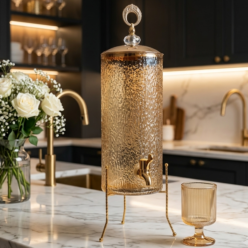Luxury amber textured glass beverage dispenser on a gold metal tripod stand in a modern kitchen setup.