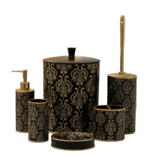 Luxury 6-piece black and gold damask pattern bathroom accessory set displayed elegantly on a modern marble vanity.
