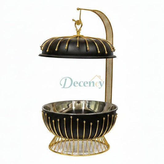 Luxury 8L black and gold hanging chafing dish placed on a marble kitchen counter