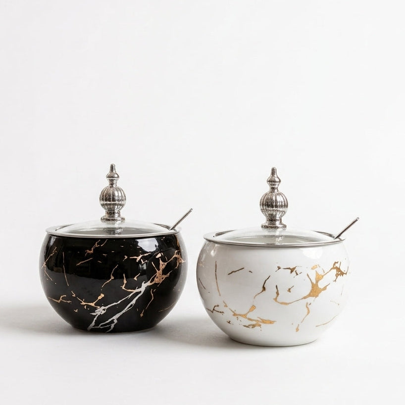 Black ceramic sugar pot with silver marble print and matching spoon