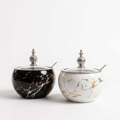 Black ceramic sugar pot with silver marble print and matching spoon