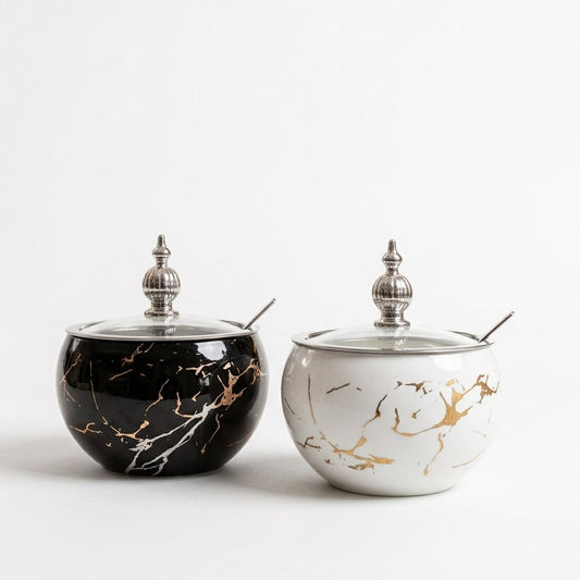 Black ceramic sugar pot with silver marble print and matching spoon