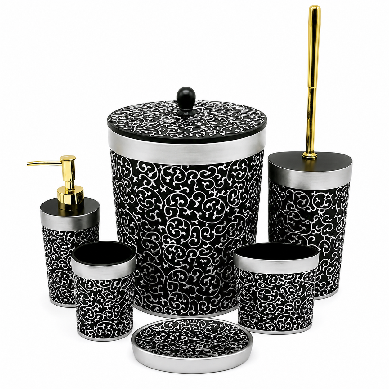 Complete 6-piece black and silver filigree pattern bathroom accessory set displayed on a vanity table