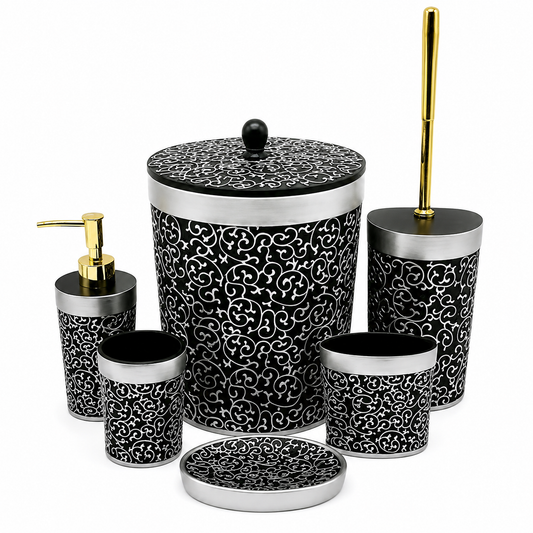 Complete 6-piece black and silver filigree pattern bathroom accessory set displayed on a vanity table