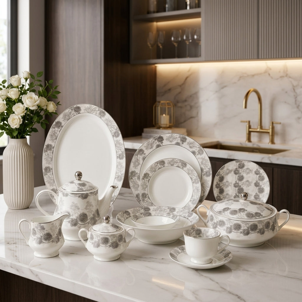 Full 61-piece bone china dinner set displayed with silver floral pattern on a kitchen counter
