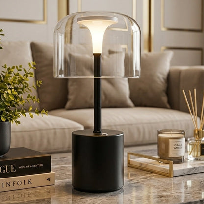 Brushed gold rechargeable crystal glass LED table lamp styling a luxury coffee table
