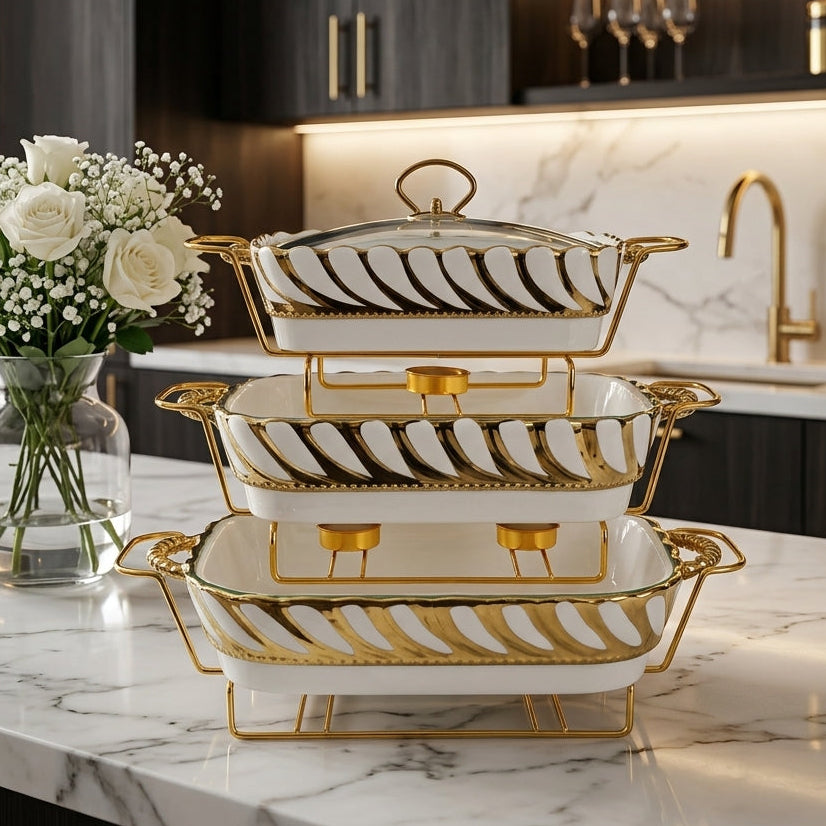 Luxury 3-tier white ceramic chafing dish set with gold metal stand on a marble countertop