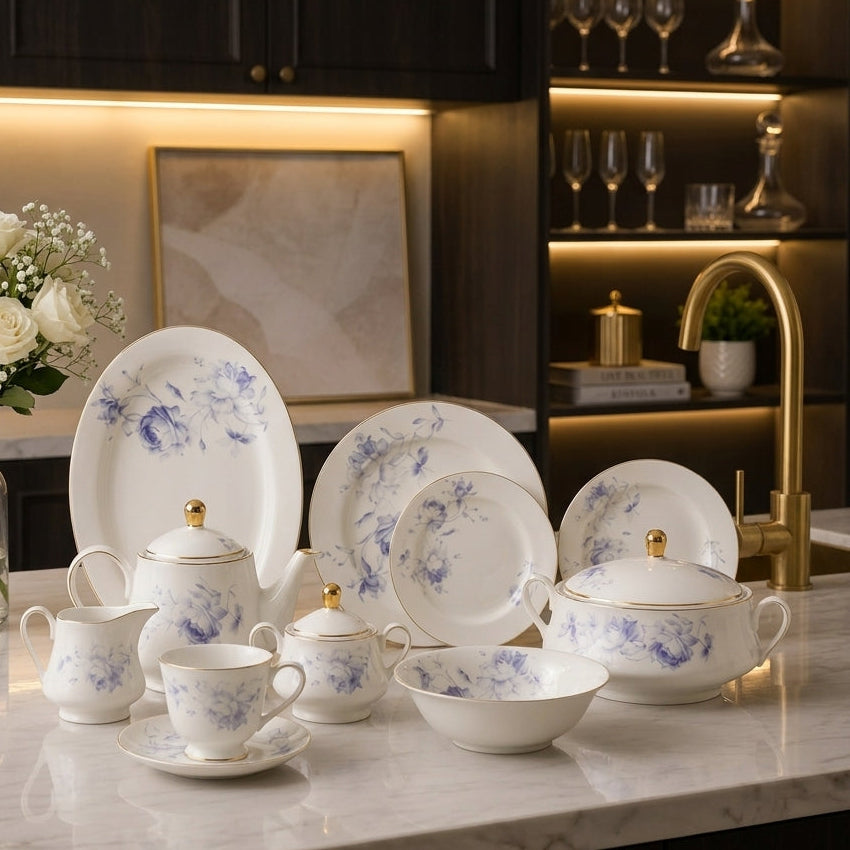 Full 61-piece luxury ceramic dinner set with blue floral patterns displayed on a marble kitchen counter