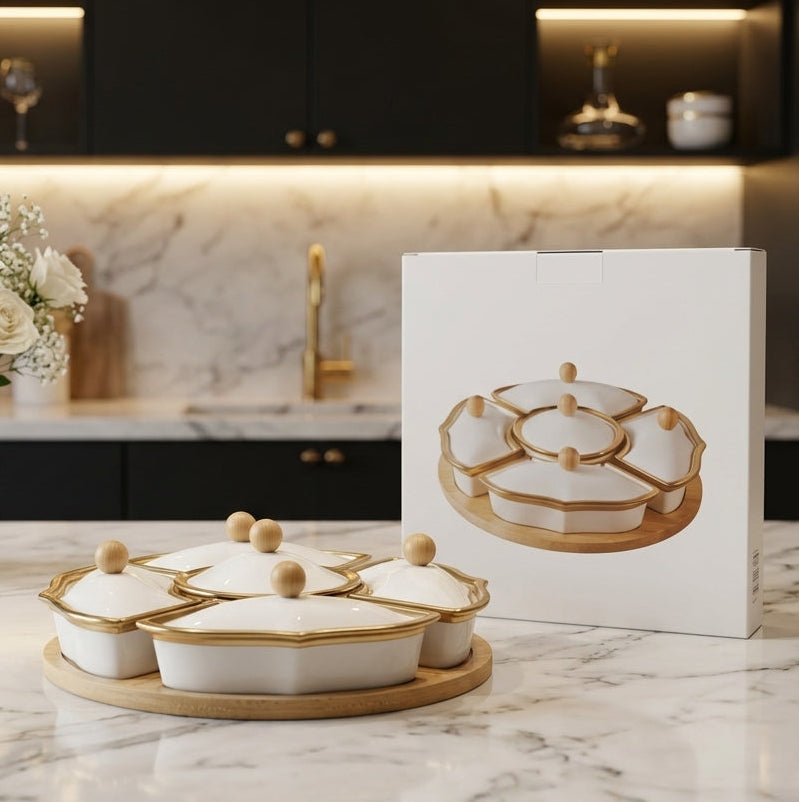 White ceramic dry fruit serving tray set with gold rims and bamboo platter on a marble kitchen counter