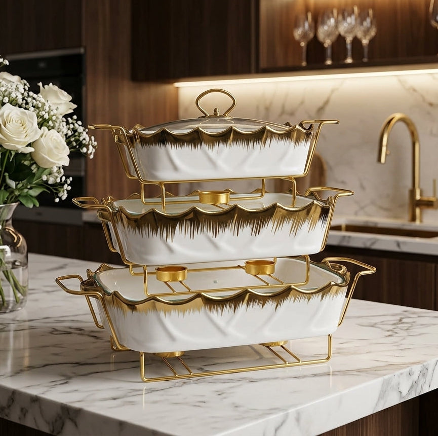 3-piece luxury white ceramic casserole hotpot set with gold rim stacked on metal stands
