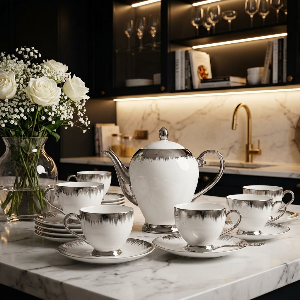 Elegant 7-piece white ceramic tea set featuring a central teapot and 6 matching tea cups with saucers