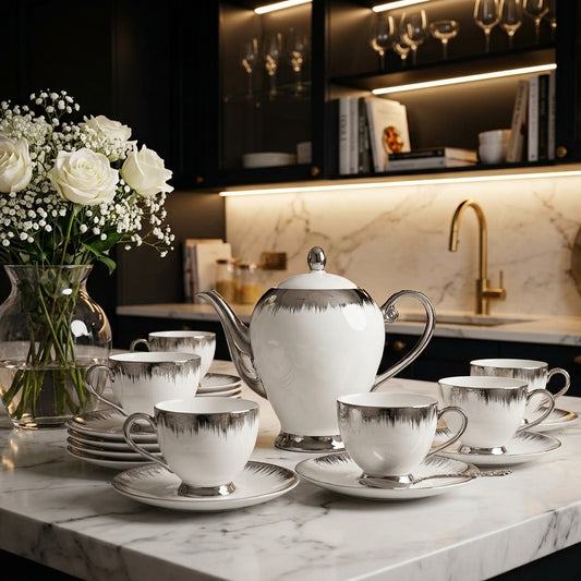 Elegant 7-piece white ceramic tea set featuring a central teapot and 6 matching tea cups with saucers