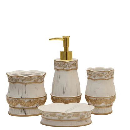 4-piece royal ceramic bathroom accessory set in white marble and embossed antique gold design, model BT-11.