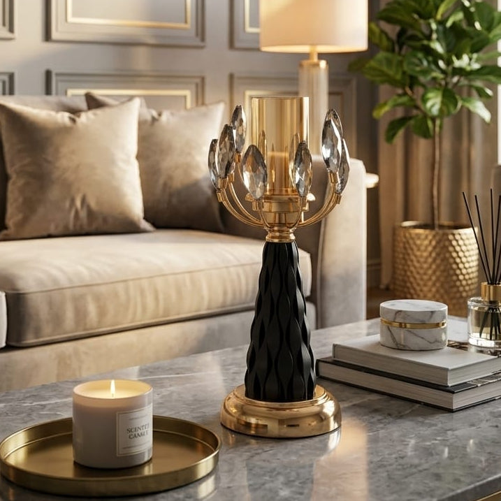 Luxury crystal candle holder stand with gold finish and black textured stem (A-3085