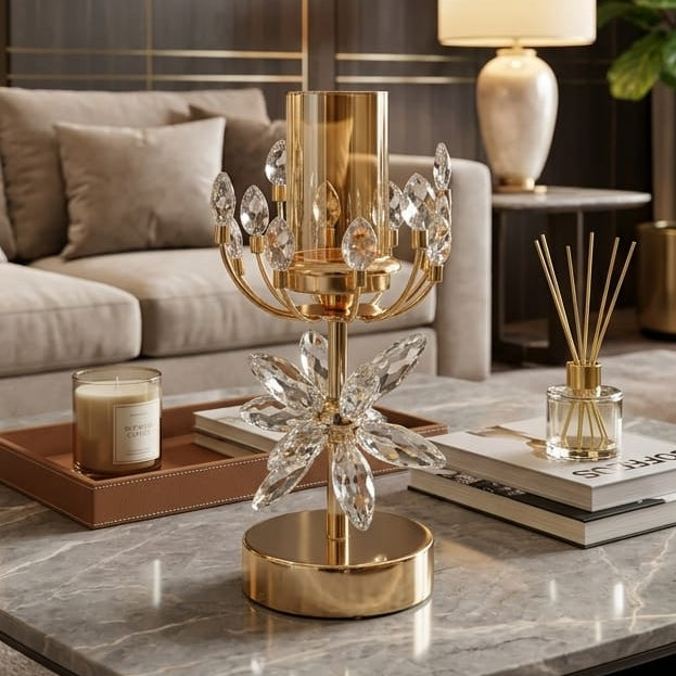 Gold crystal candle holder design A-317 with amber glass cylinder top
