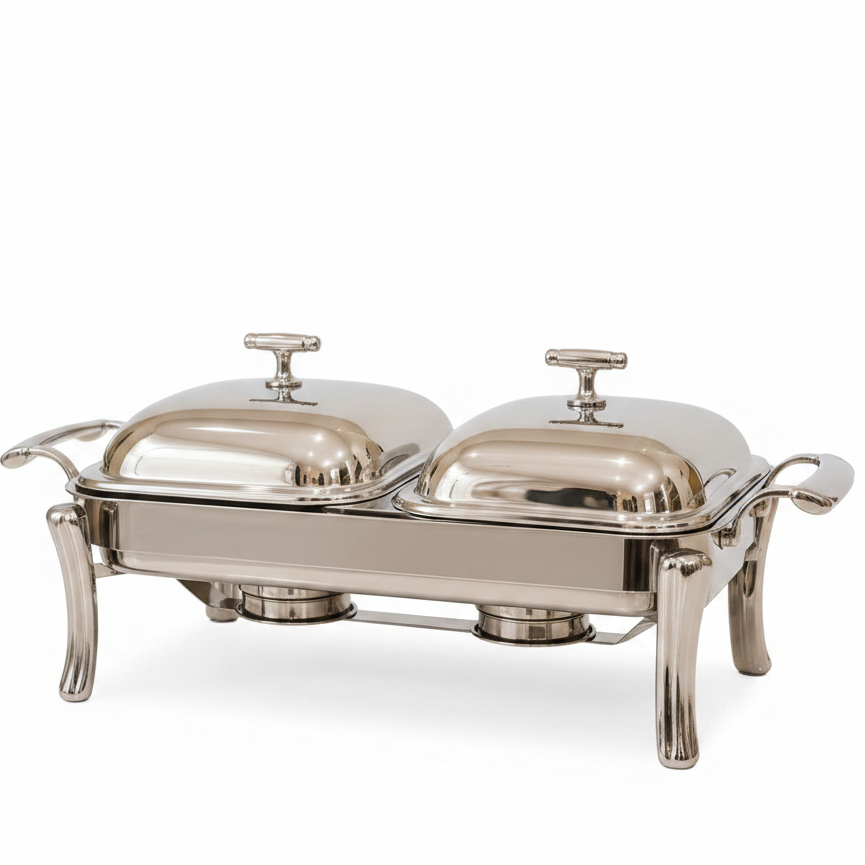 Two 1.5L stainless steel buffet warmer food pans inside a luxury food warmer set