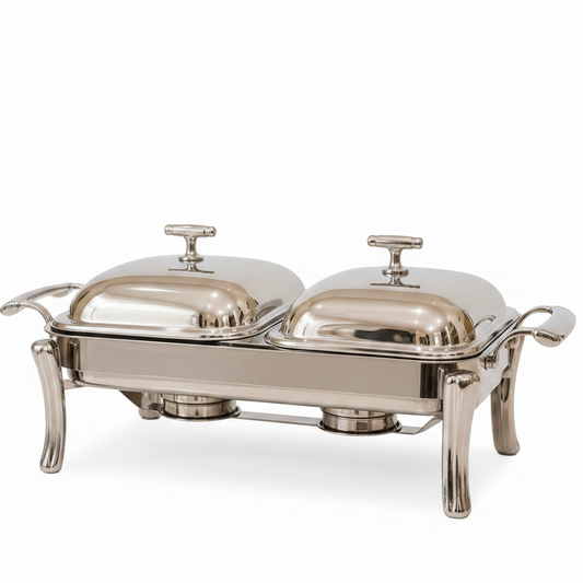 Two 1.5L stainless steel buffet warmer food pans inside a luxury food warmer set