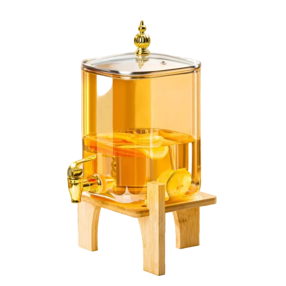 Square amber glass juice dispenser filled with citrus slices on bamboo base