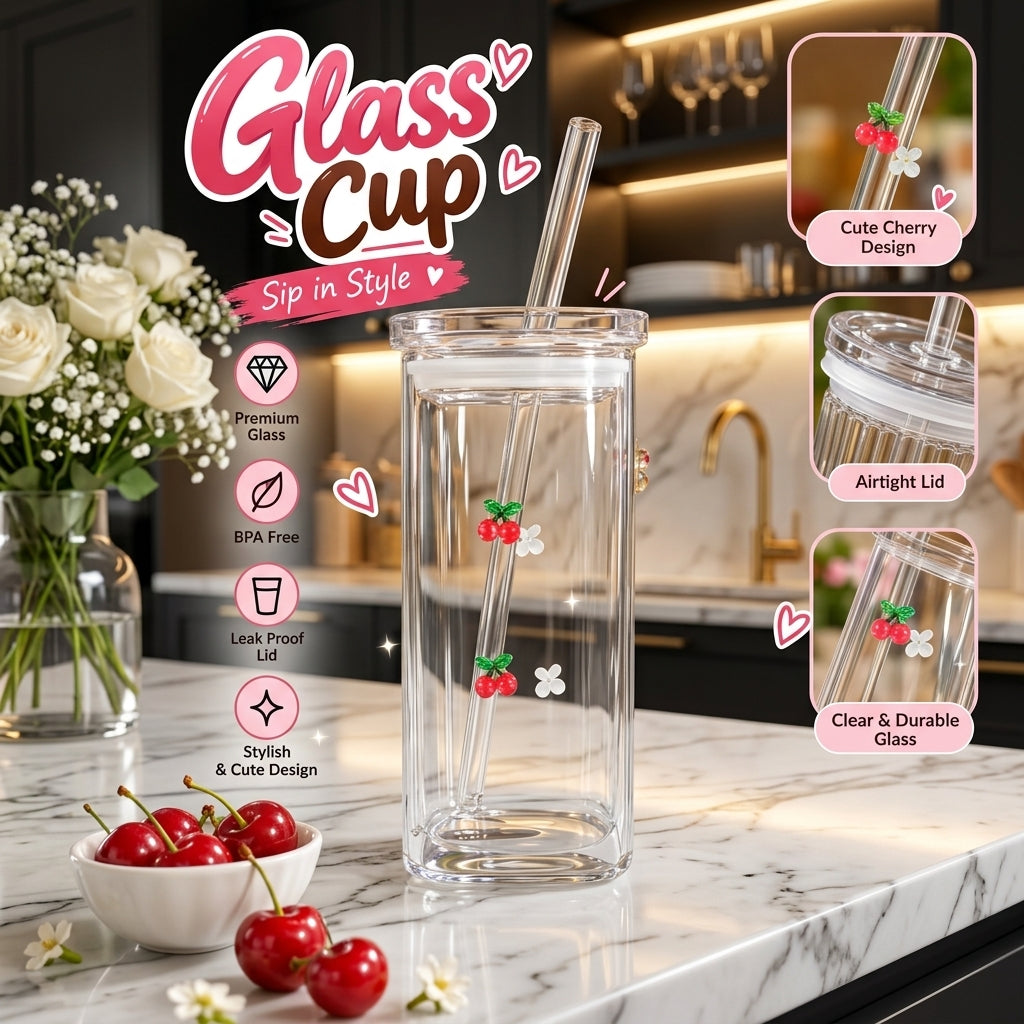 Luxury clear glass cup set with straw and airtight lid on a kitchen counter   