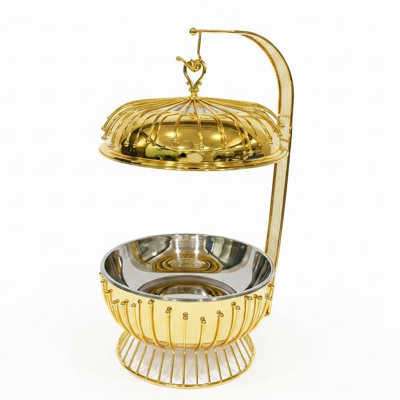8L luxury gold round chafing dish with hanging dome lid for buffet catering.