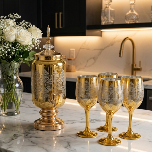 Luxury gold glass beverage dispenser set with 6 matching stemmed glasses placed on a white marble countertop.