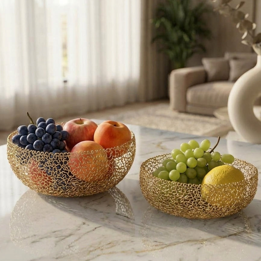 Close-up view of intricate gold wire mesh pattern on a decorative centerpiece bowl