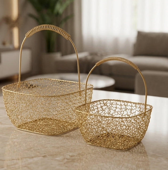 Luxury 2-piece gold wire decorative baskets displayed on a modern marble tabletop