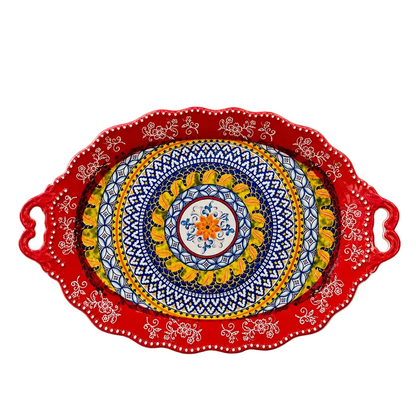 Luxury royal oval ceramic serving platter for elegant dinner presentations.