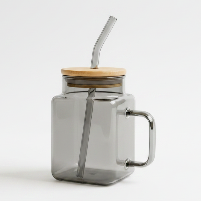 Luxury square cube glass drinking mug with glass straw in black