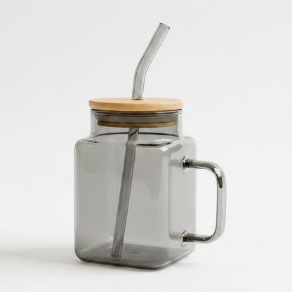 Luxury square cube glass drinking mug with glass straw in black